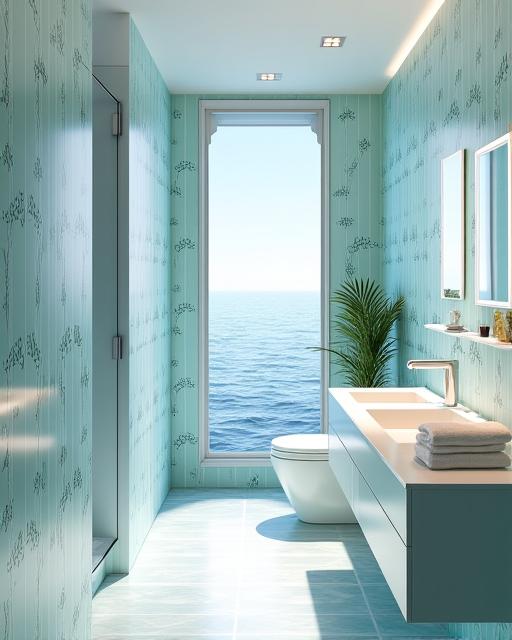 Bagno elegante con carta da parati resistente all'umidità a tema onde, un tocco di spa domestica